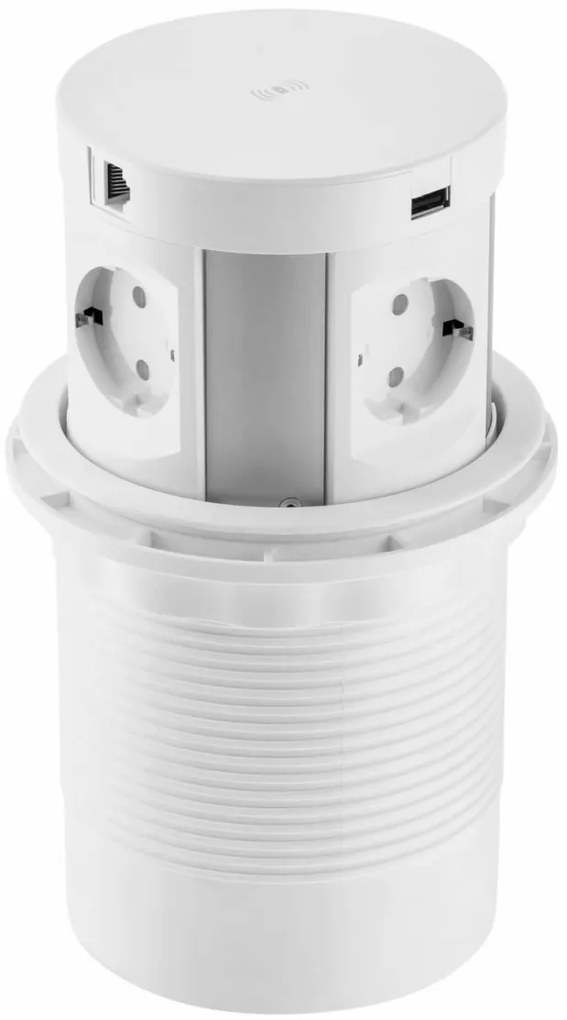 Priza incorporabila turn, 4 prize schuko, 2 porturi USB A, 2 porturi RJ45 cat 6, incarcare Wireless 5 W, cablu 1.5 m, alba, GTV, Diametru Gaura