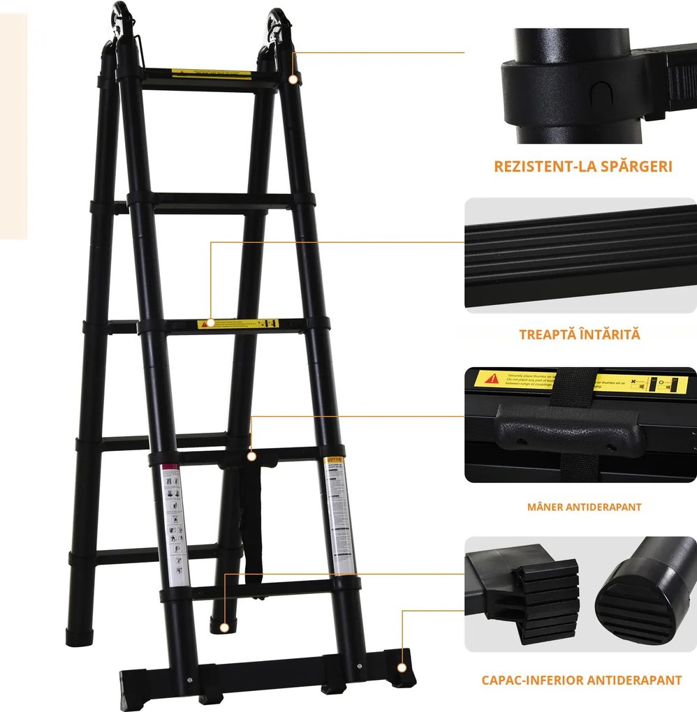 DURHAND Scară Telescopică Pliabilă cu 10 Trepte, Scară Extensibilă din Aluminiu și Metal, 320x67x7 cm, Neagră | Aosom Romania