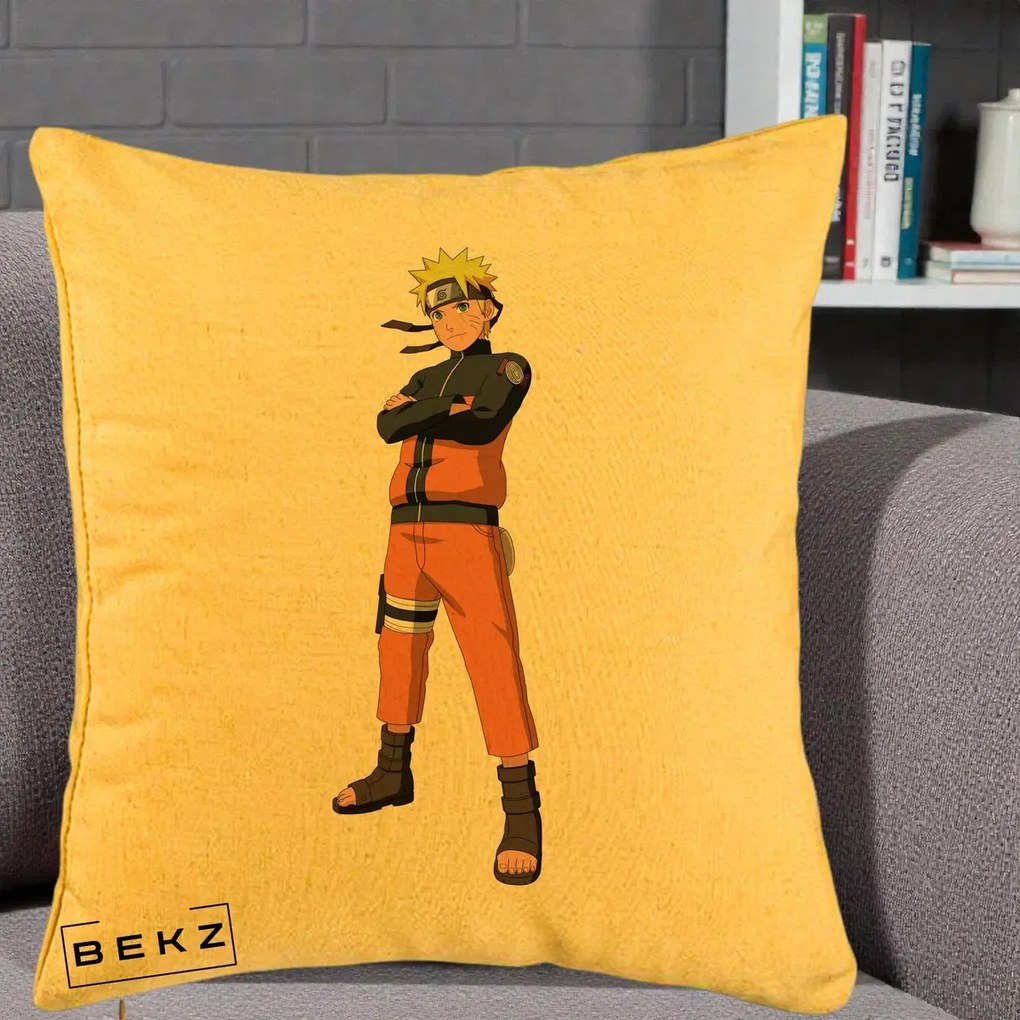 Perna Personalizata Naruto Uzumaki Portret Complet, 40x40 cm, Galben, Husa Detasabila, Perna Inclusa, BEKZ®