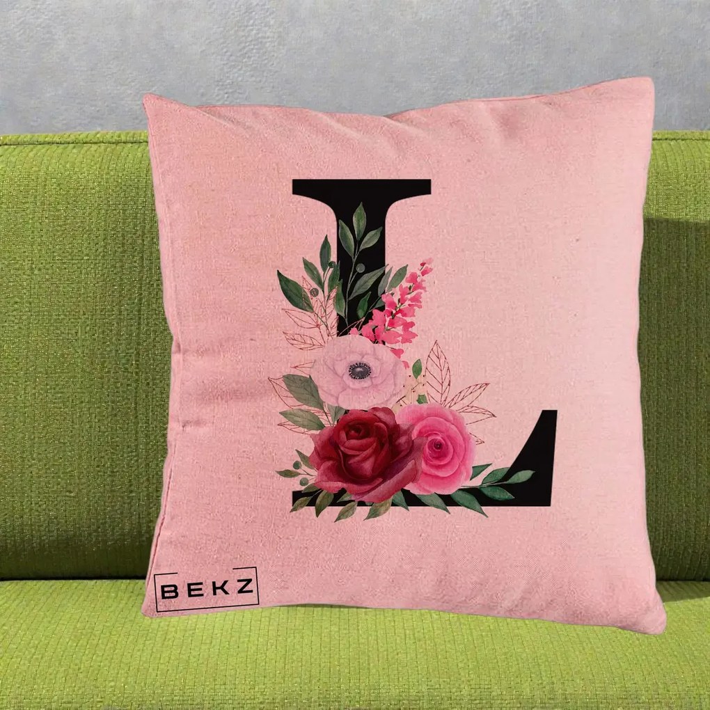 Cadou Personalizat - Perna Personalizata Monograma Florala Litera L, 40x40 cm, Roz, Husa Detasabila, Perna Inclusa, BEKZ®