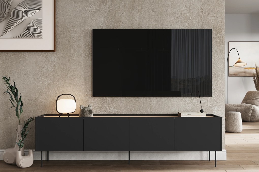 Comodă TV cu picioare metalice Desin 220 cm - negru mat / stejar nagano