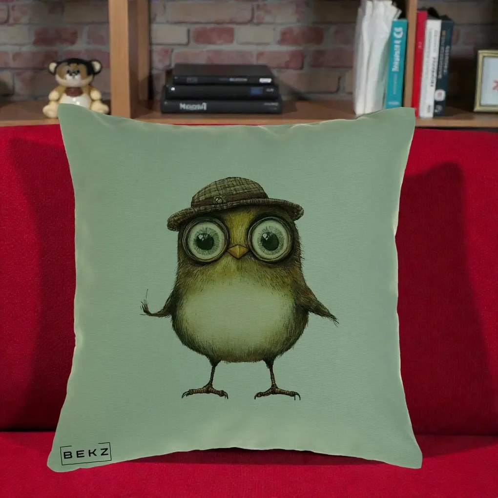 Perna Decorativa Pui Intelectual cu Palarie Tweed, 40x40 cm, Verde, Husa Detasabila, Perna Inclusa, BEKZ®