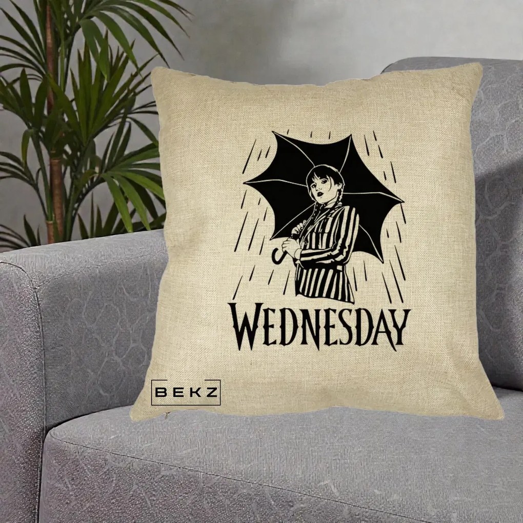 Perna Personalizata Wednesday cu Umbrela Ploaie Lineart, 40x40 cm, Crem, Husa Detasabila, Perna Inclusa, BEKZ®