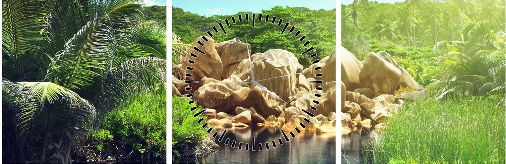 Tablou cu lac în jungla din Seychelles (cu ceas) (90x30 cm)