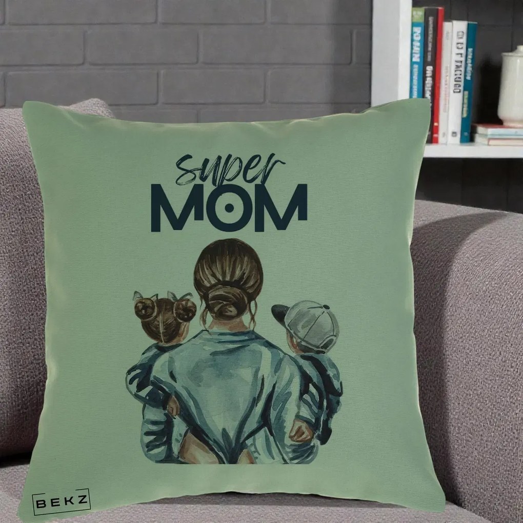 Cadou pentru Mama - Perna Personalizata Super Mom, 40x40 cm, Verde, Husa Detasabila, Perna Inclusa, BEKZ®