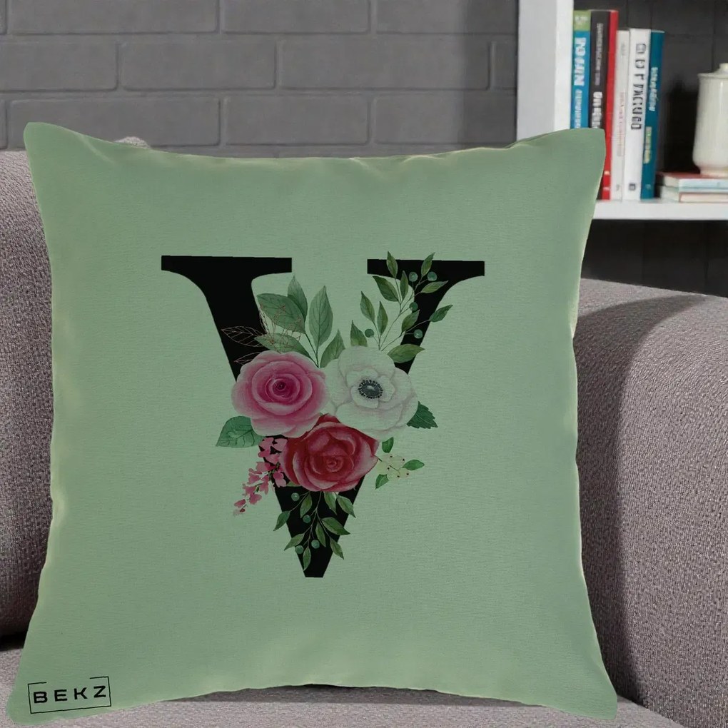Cadou Personalizat - Perna Personalizata Monograma Florala Litera V cu Buchet, 40x40 cm, Verde, Husa Detasabila, Perna Inclusa, BEKZ®