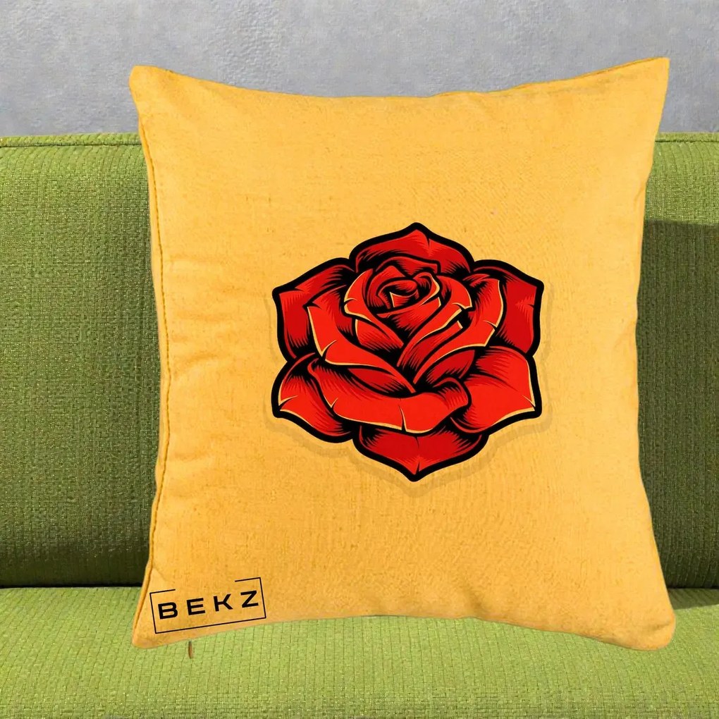 Perna Decorativa Trandafir Rosu Tattoo, 40x40 cm, Galben, Husa Detasabila, Perna Inclusa, BEKZ®