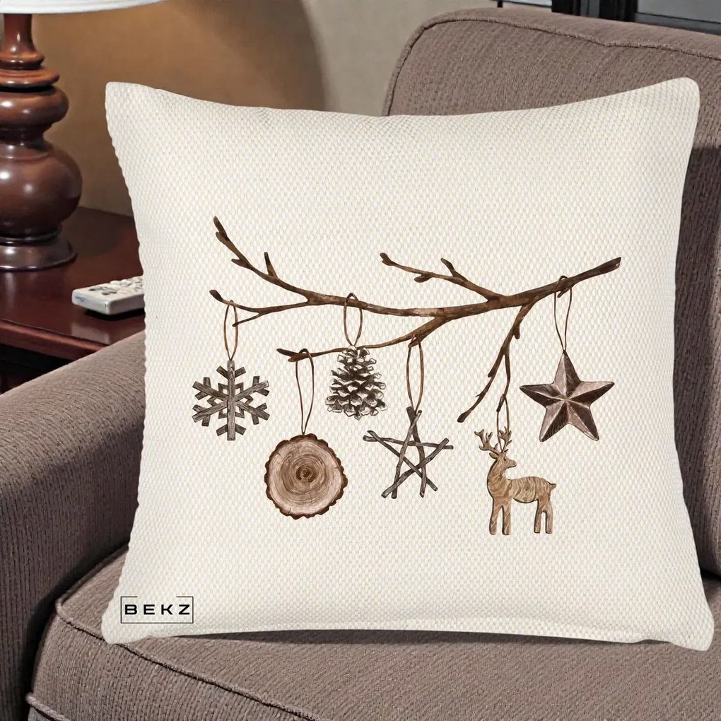 Perna Decorativa Ornamente de Lemn pe Ramura, 40x40 cm, Crem Reliefat, Husa Detasabila, Perna Inclusa, BEKZ®