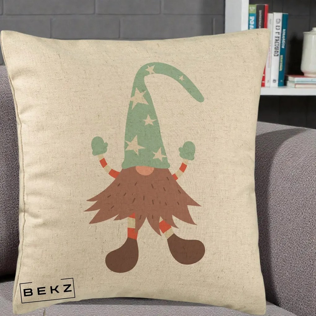 Perna Decorativa Pitic Gnom Nordic cu Cadou Menta, 40x40 cm, Bej, Husa Detasabila, Perna Inclusa, BEKZ®