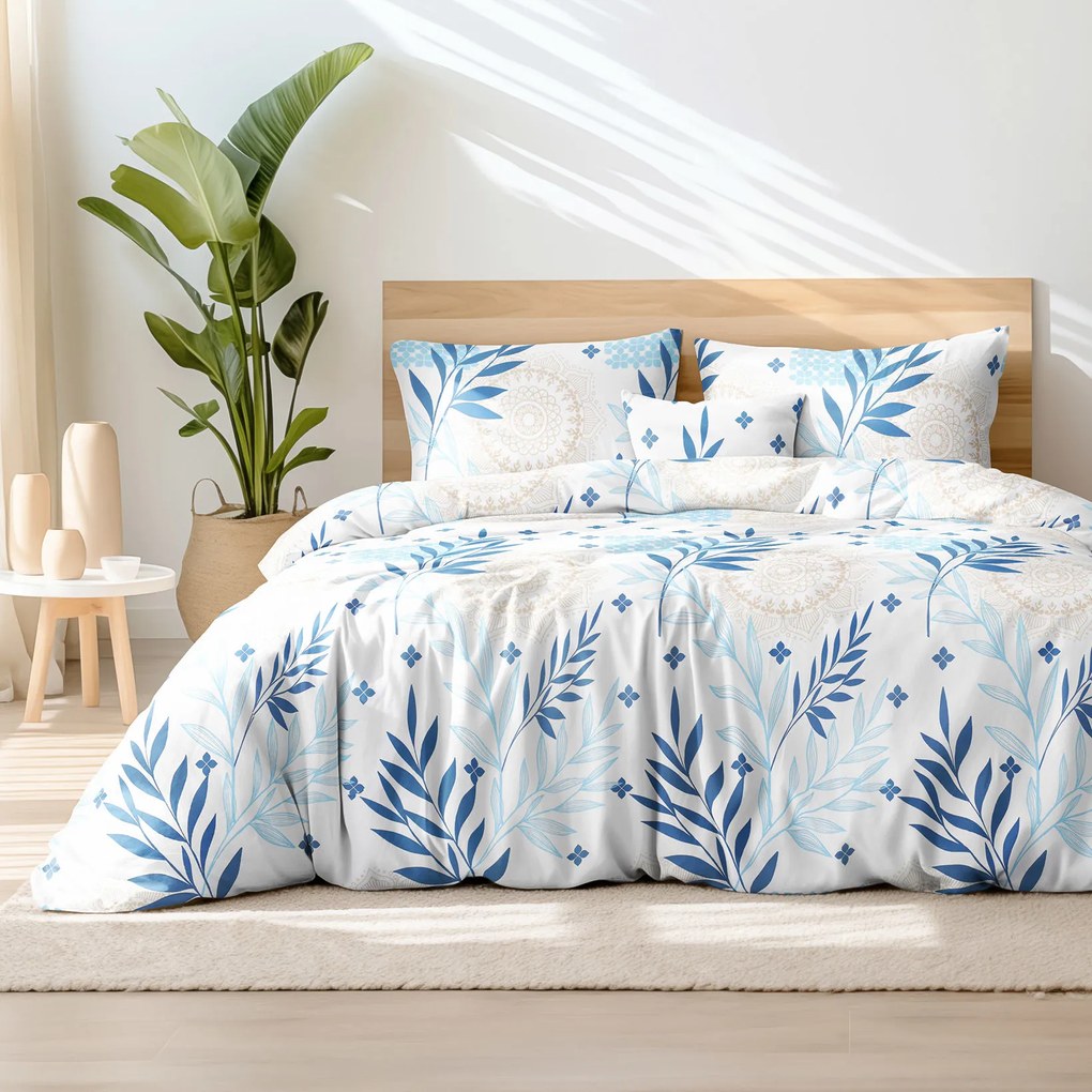 Goldea lenjerie de pat din 100% bumbac deluxe - mandale și frunze albastre 140 x 200 și 50 x 70 cm