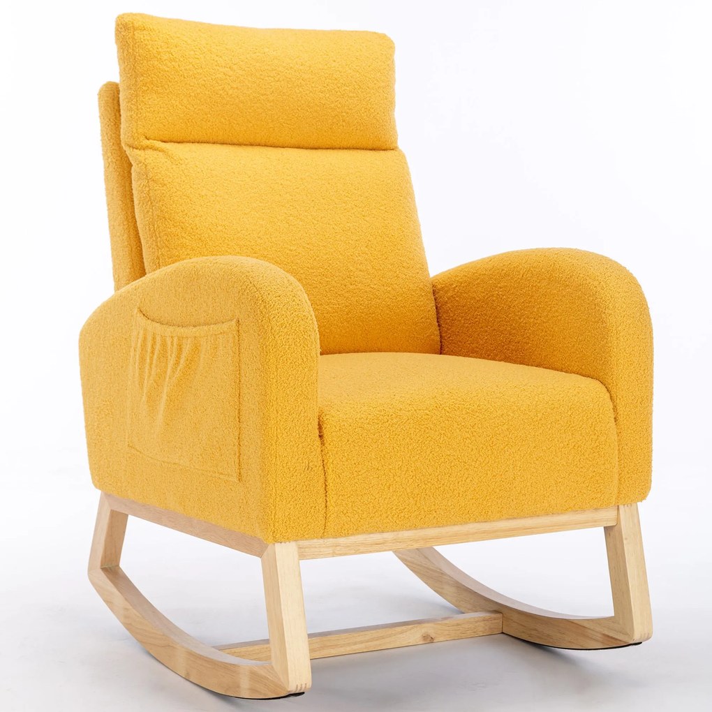 Scaun balansoar modern din material Teddy, cu șezut căptușit și buzunar lateral ascuns, pentru living și dormitor, 71x88x104,5 cm, Galben