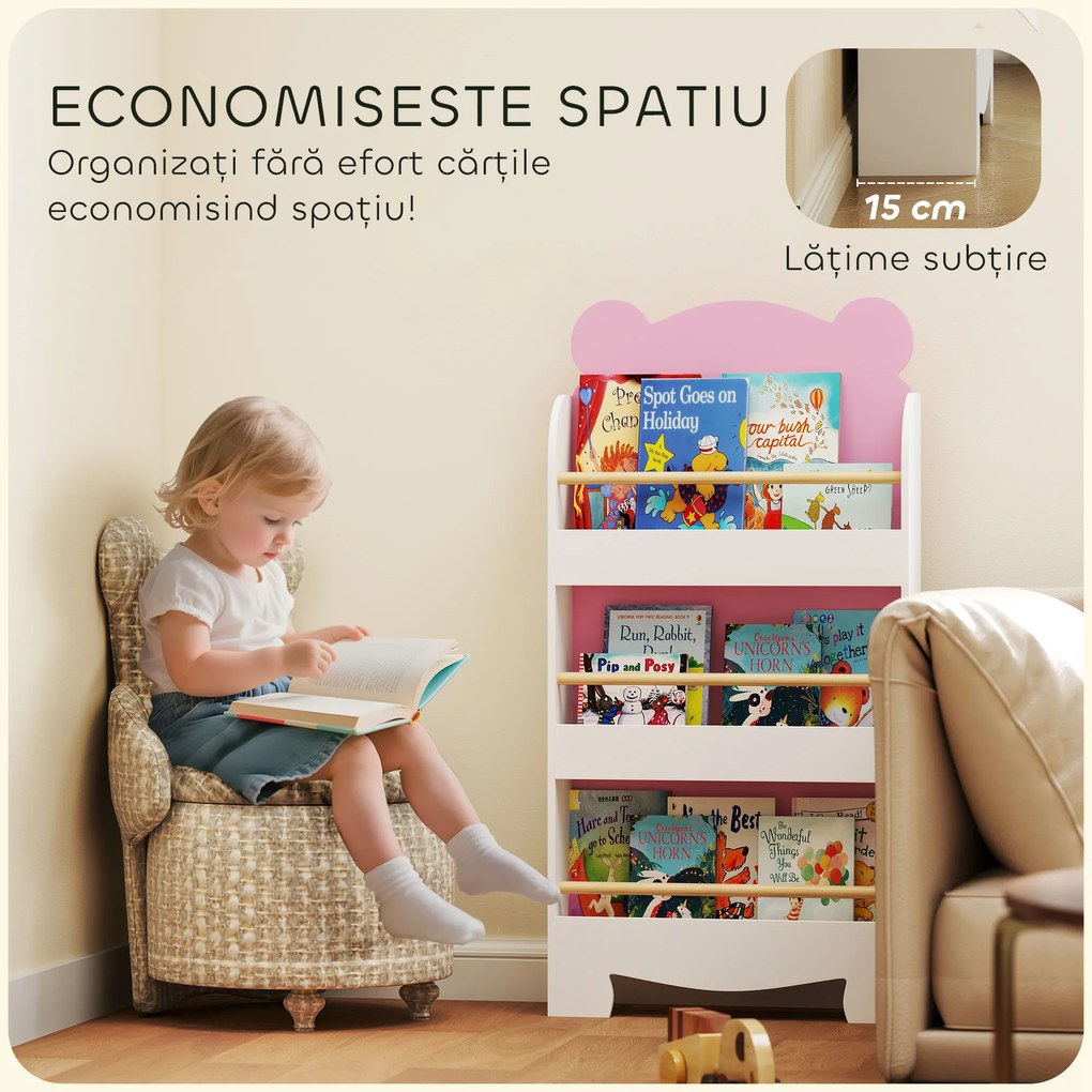 AIYAPLAY Bibliotecă pentru Copii 3 Rafturi în Formă de Ursuleț 55x15x110 cm, Roz | Aosom Romania