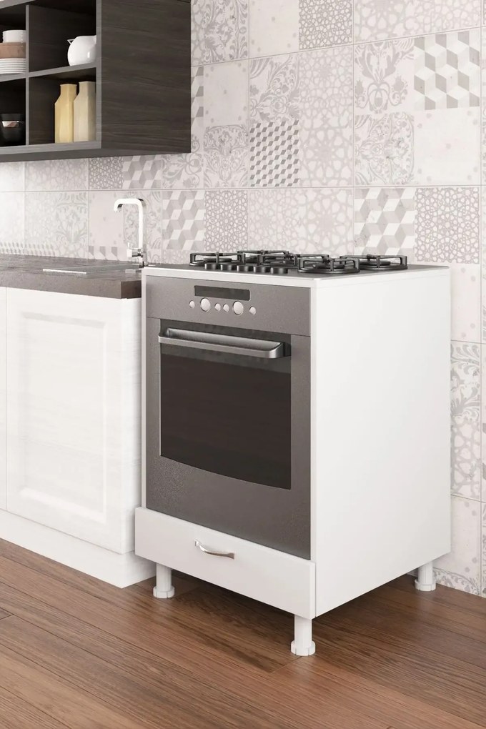 Dulap masca aragaz, cuptor bucatarie cu sertar, Homs, alb, 85 x 60 x 59 cm