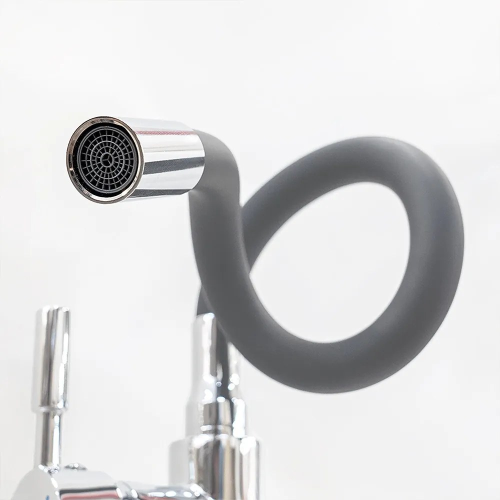 Robinet mixer pentru chiuvetă cu piedestal Corin cu gura de scurgere flexibilă gri