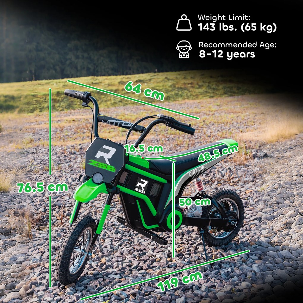 HOMCOM Motocicletă Electrică pentru Copii 8-12 Ani cu Accelerație Manuală și 2 Viteze, 119x64x76,5 cm, Verde | Aosom Romania