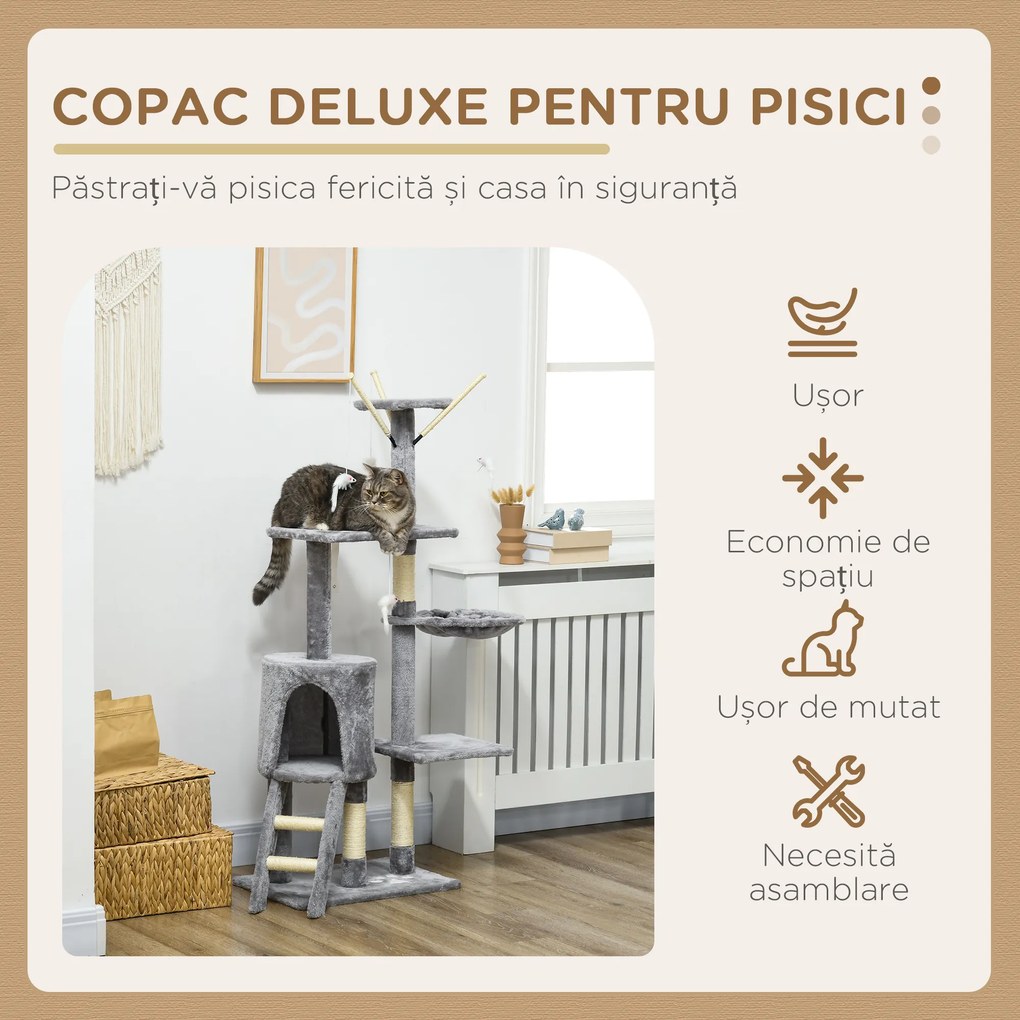 PawHut Turelă pentru pisici cu căsuță, stâlp de ascuțit gheare, platforme și 4 șoricei, din lemn, pluș și sisal, 50x35x134.2 cm, gri | Aosom Romania