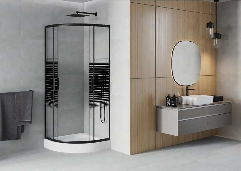 Mexen Rio cabina de duș semicirculară 70 x 70 cm, benzi negre, negru + cadă de duș, alb - 863-070-070-70-20-4710