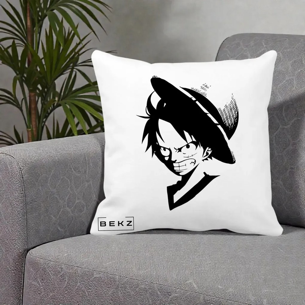 Perna Personalizata One Piece Luffy Silueta Alb-Negru, 40x40 cm, Alba Mata, Husa Detasabila, Perna Inclusa, BEKZ®