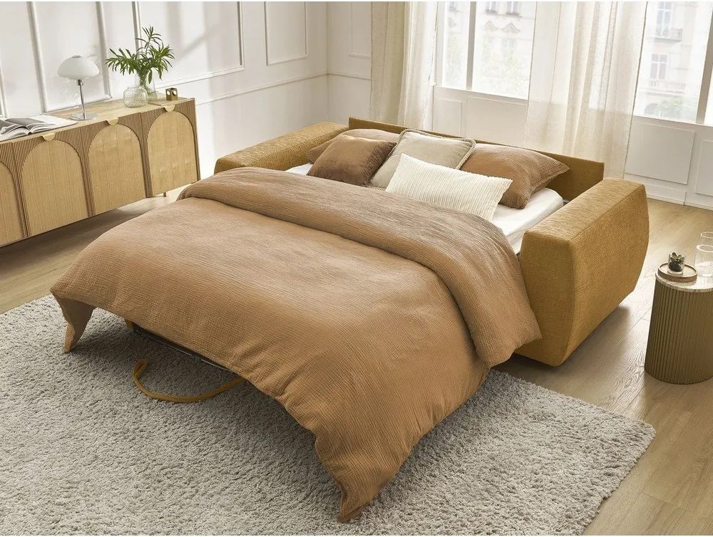 Canapea galben-muștar pentru dormitul zilnic/extensibilă cu tapițerie din chenille 220 cm Hugo – Bobochic Paris