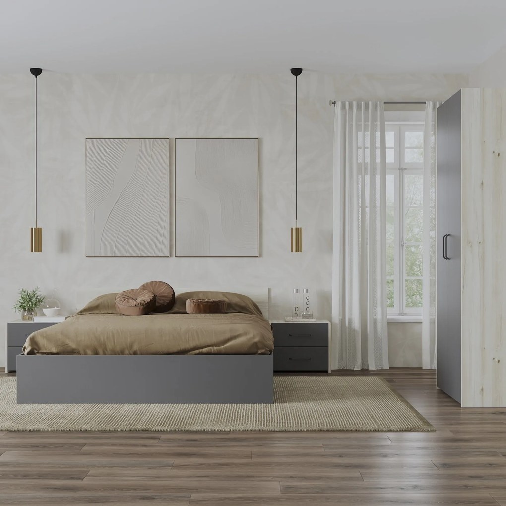 Set dormitor Malmo V1, Pat 200 x 160 cm, saltea spuma inclusa, Stejar Alb/Antracit