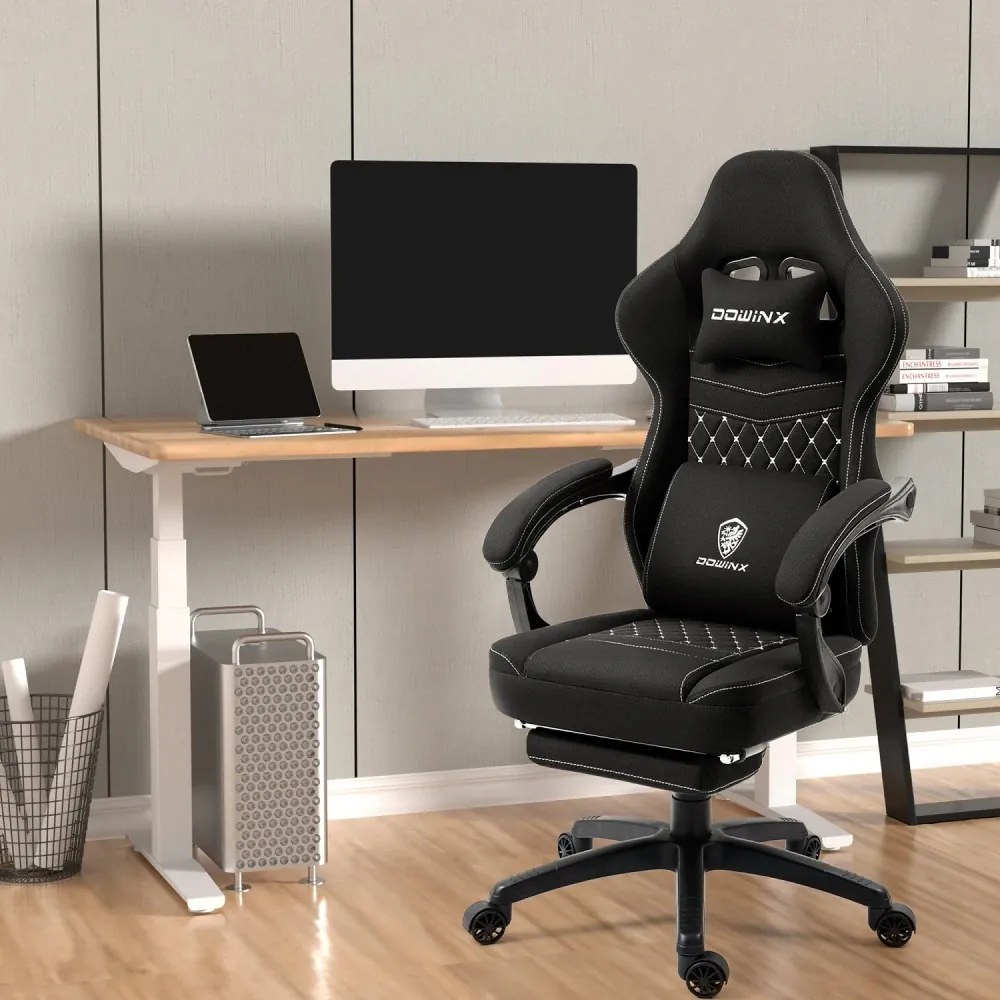 DOWINX Scaun gaming, ergonomic, suport lombar cu masaj, Șezut cu Arcuri Metalice și Spumă, Spătar înalt, rabatabil 90°-135°, Buzunar depozitare, Suport picioare, rezistent 150 kg, material respirabil, Negru