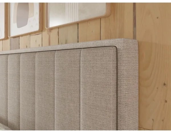 Pat tapițat ALICIA 140x200 cm, bej, cu saltele și topper incluse, cu spațiu de depozitare