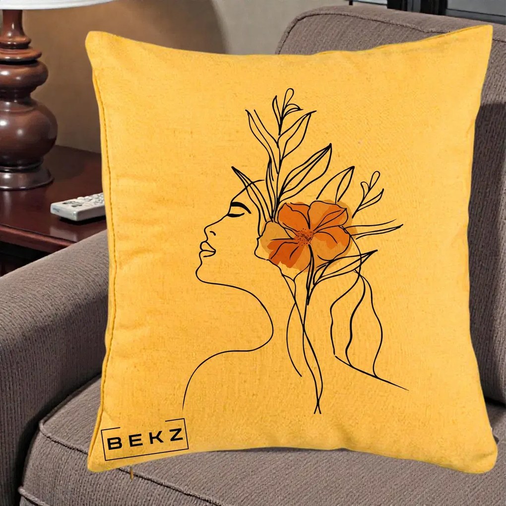 Perna Decorativa Portret Feminin Floare Portocalie Lateral, 40x40 cm, Galben, Husa Detasabila, Perna Inclusa, BEKZ®