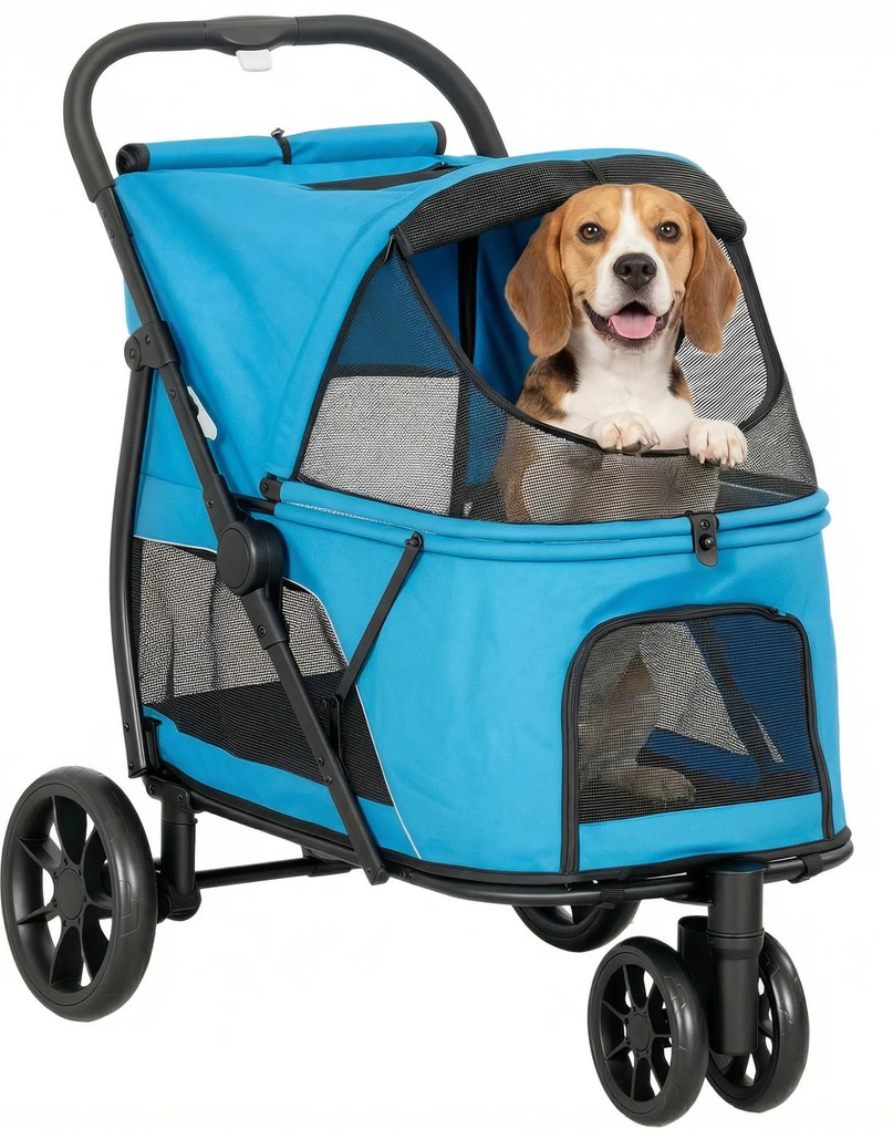 PawHut Cărucior pentru câini pliabil cu 3 roți Ferestre din plasă Pernă lavabilă Off-road Capacitate 20 kg 92x63x95 cm Albastru | Aosom Romania