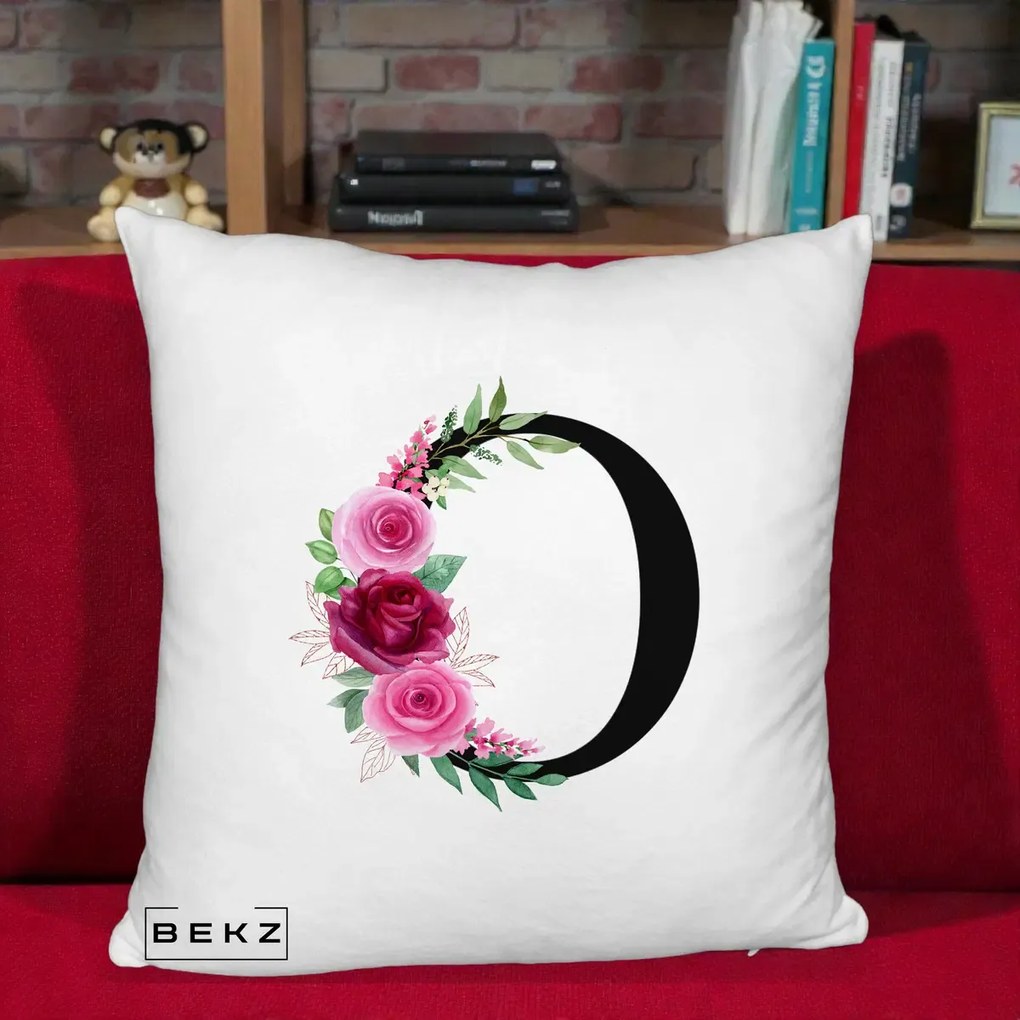 Cadou Personalizat - Perna Personalizata Monograma Florala Litera O, 40x40 cm, Alb Pufos, Husa Detasabila, Perna Inclusa, BEKZ®