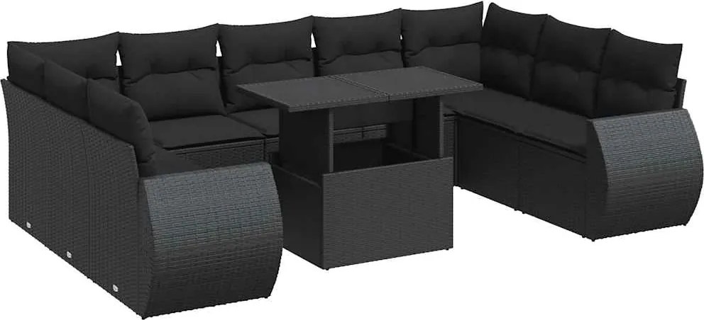 vidaXL Set canapele de grădină cu perne, 10 piese, negru, poliratan