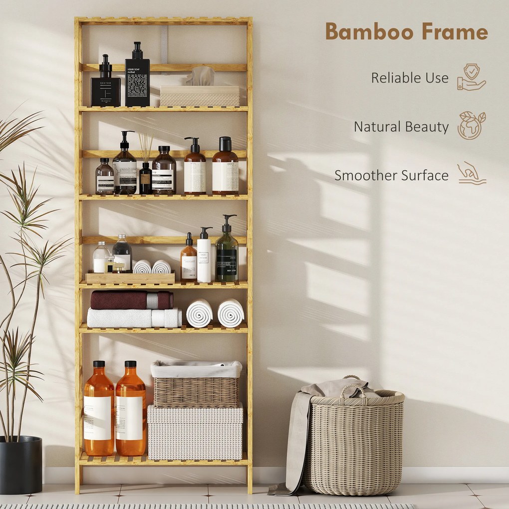 HOMCOM Raft de bambus cu 6 niveluri, cu rafturi reglabile, 60x26x161 cm | Aosom Romania