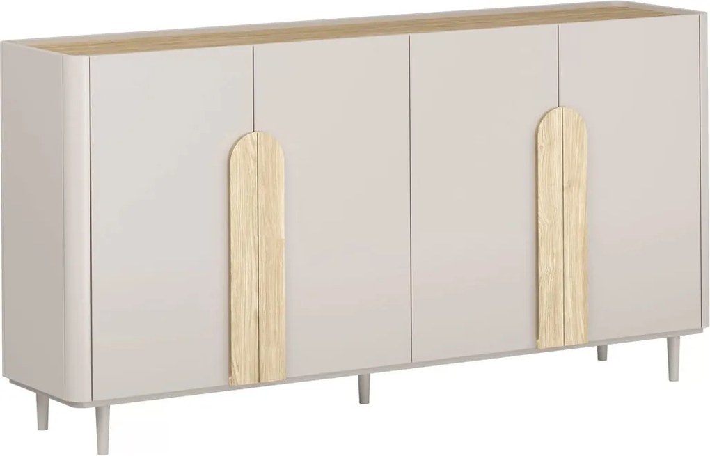 Comodă cu patru uși pe picioare Amilio 200 cm - cașmir / stejar uleiat / mânere stejar deschis