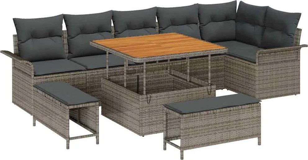 vidaXL Set de canapele pentru grădină cu pernă 9 pcs Gri poliratan