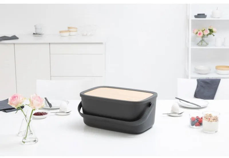 Cutie de paine Brabantia Nic 1003255, 39.5 cm, Capac din bambus, Maner de transport, Gri