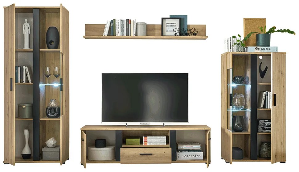 Perete living, stejar artizan / negru, KANODE