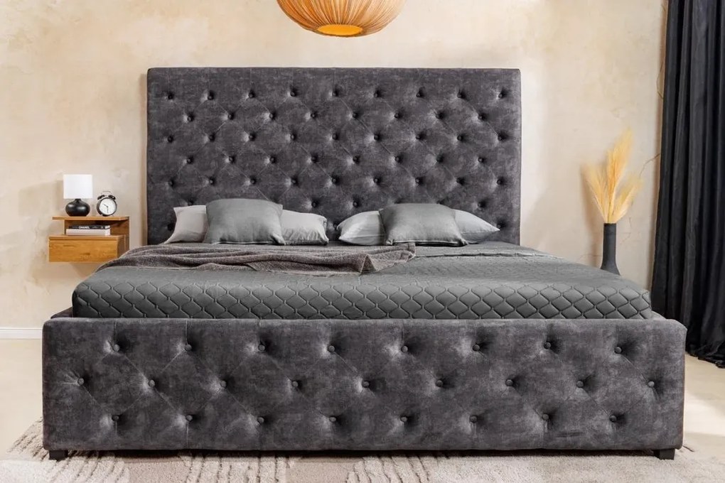 Pat PARIS 180x200cm catifea gri cu spatiu de depozitare