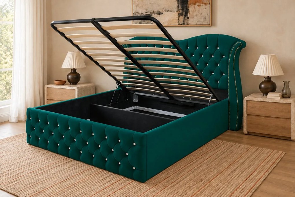 Pat tapițat Chesterfield Avella 160×200 cm, verde, cu ladă de depozitare
