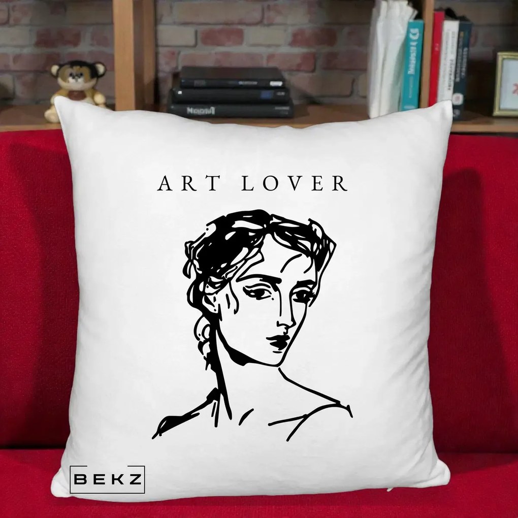Perna Decorativa Art Lover Portret Grafic, 40x40 cm, Alb Pufos, Husa Detasabila, Perna Inclusa, BEKZ®