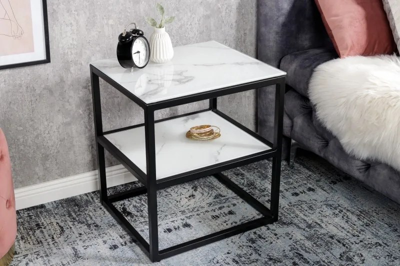 Neînvins Masuta laterala Elegance 45 cm aspect marmura cu cadru alb, negru