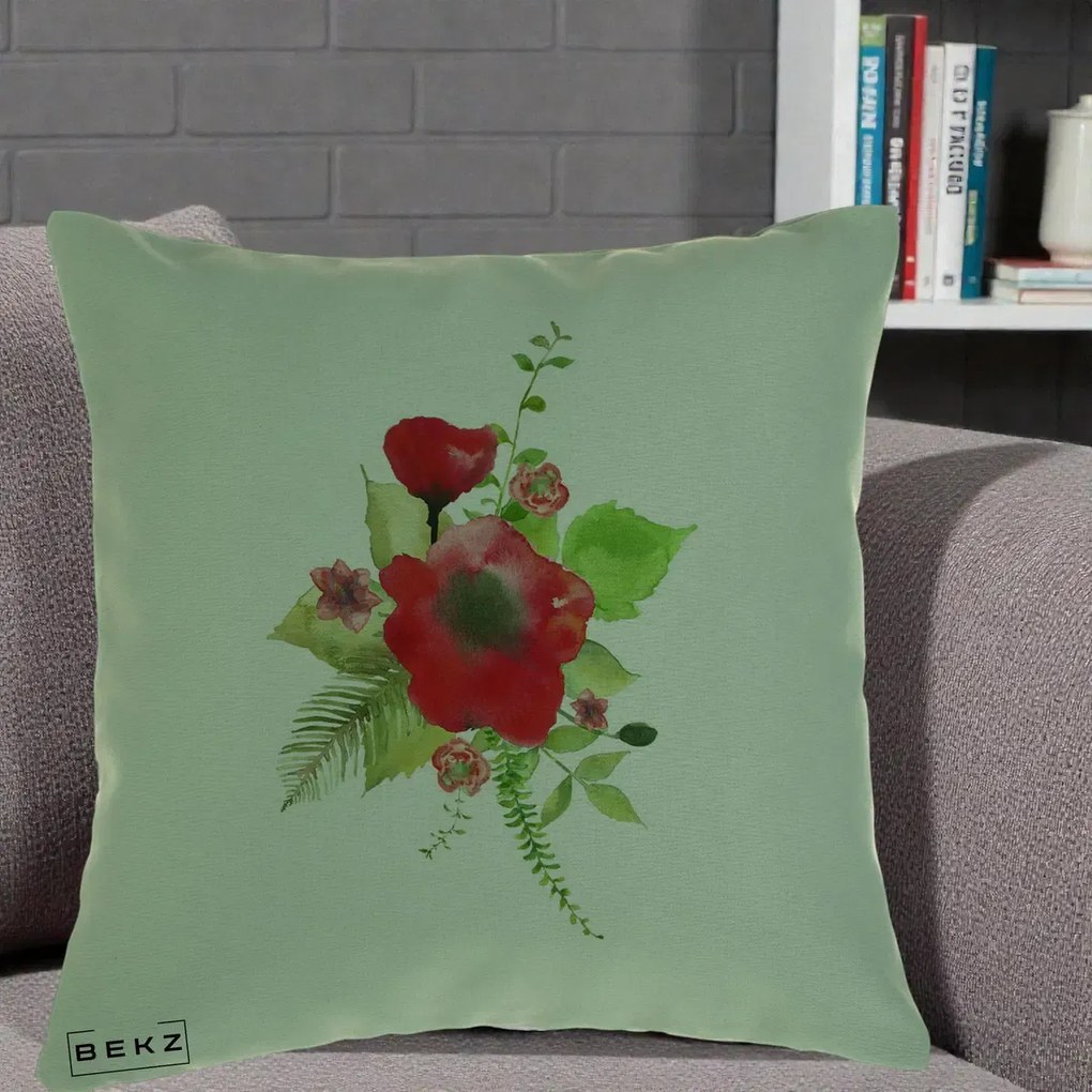Perna Decorativa Buchet Rosu Acuarela, 40x40 cm, Verde, Husa Detasabila, Perna Inclusa, BEKZ®