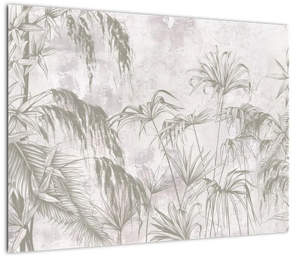 Tablou pe sticlă - Plante tropicale pe perete gri (70x50 cm)
