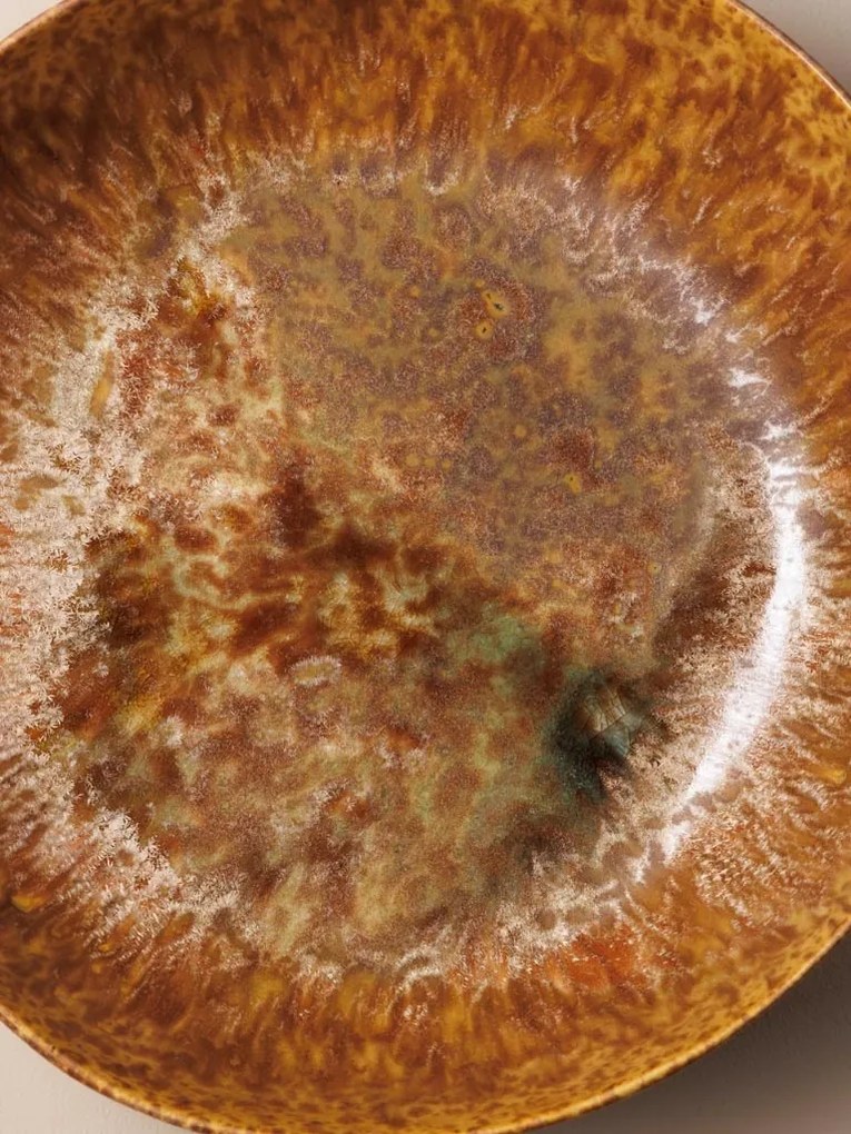 Bol pentru salată din ceramică, muștar și maro, formă organică, scurgeri maro pe margine, finisaj glazurat, 7,2 x 30 cm, „Intense”