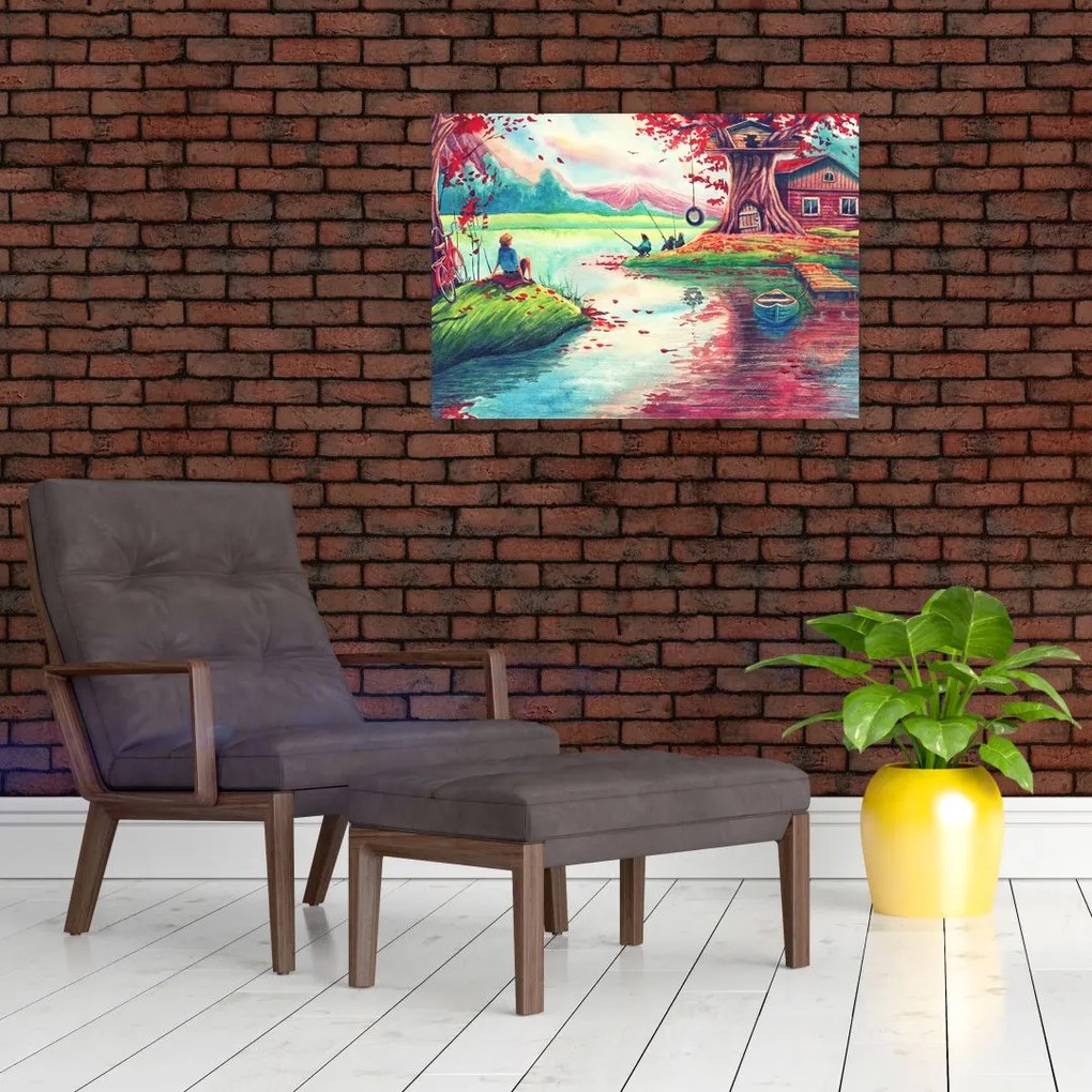 Tablou pe sticlă - Acuarelă, Golf într-un sat de munte (70x50 cm)