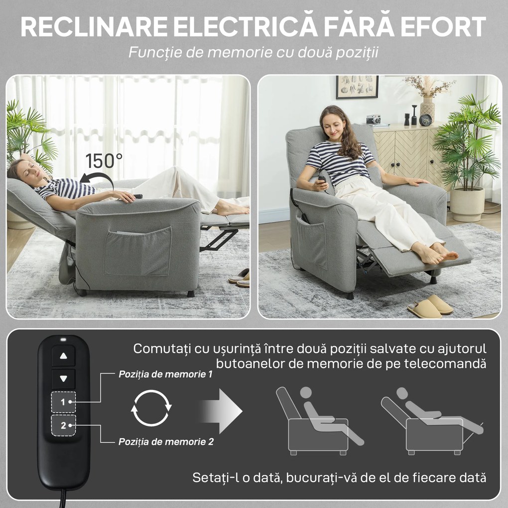HOMCOM Fotoliu Relaxant Electric cu Masaj și Încălzire, Silențios, Reclinabil 150° în Cinilie cu Pernă, Funcție de Memorare, 2 Telecomenzi, Suport pentru Picioare, Pentru Living sau Birou, Gri Închis | Aosom Romania