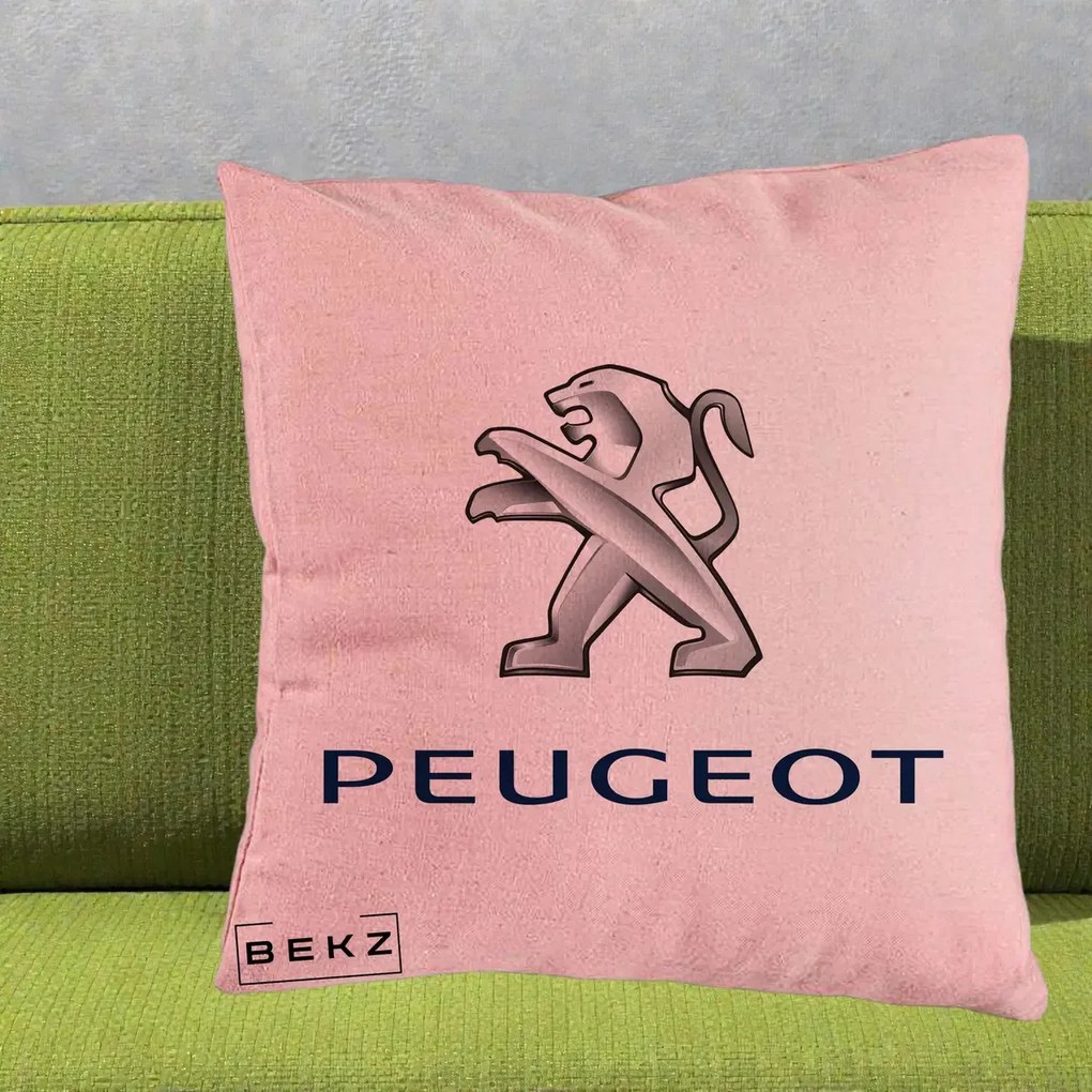 Perna Personalizata cu emblema Peugeot, 40x40 cm, Roz, Husa Detasabila, Perna Inclusa, BEKZ®