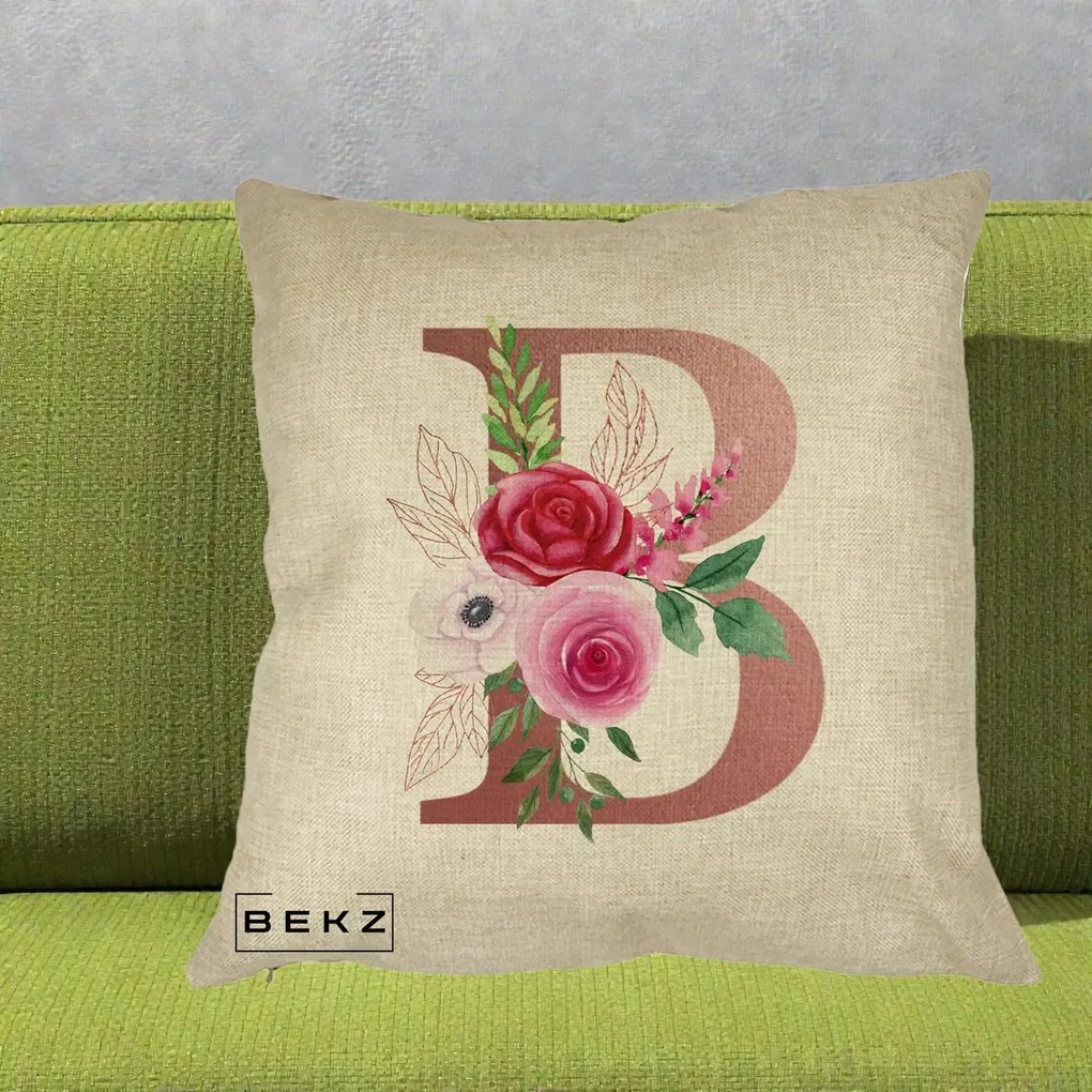 Cadou Personalizat - Perna Personalizata Monograma Rose Gold Litera B, 40x40 cm, Crem, Husa Detasabila, Perna Inclusa, BEKZ®