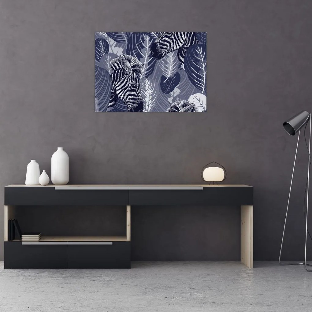 Tablou pe sticlă - Zebre între frunze (70x50 cm)
