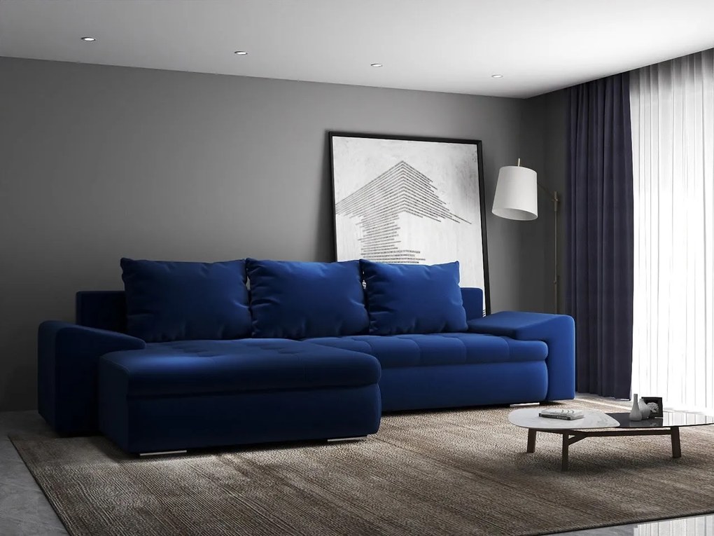 Colțar extensibil dumonde cu ladă de depozitare si sezut confortabil din spuma high-density, Leonardo Royal Albastru 260x185 cm