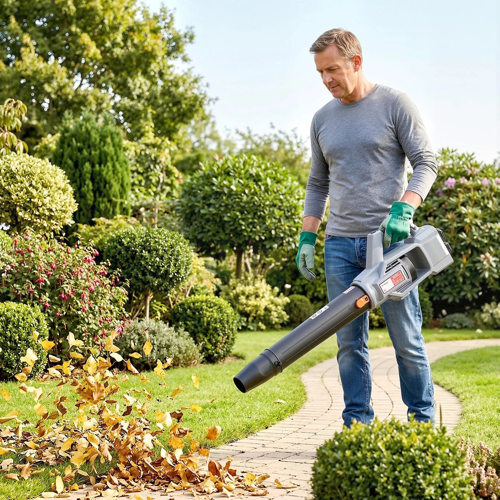 Outsunny Suflător cu Baterie 36V, Suflător de Frunze cu 2 Baterii 4Ah, Motor Brushless 1000W, 3 Niveluri de Viteză 270 km/h, Turbo Boost, Încărcător, Ușor, pentru Grădină, Frunze, Zăpadă, Praf | Aosom Romania