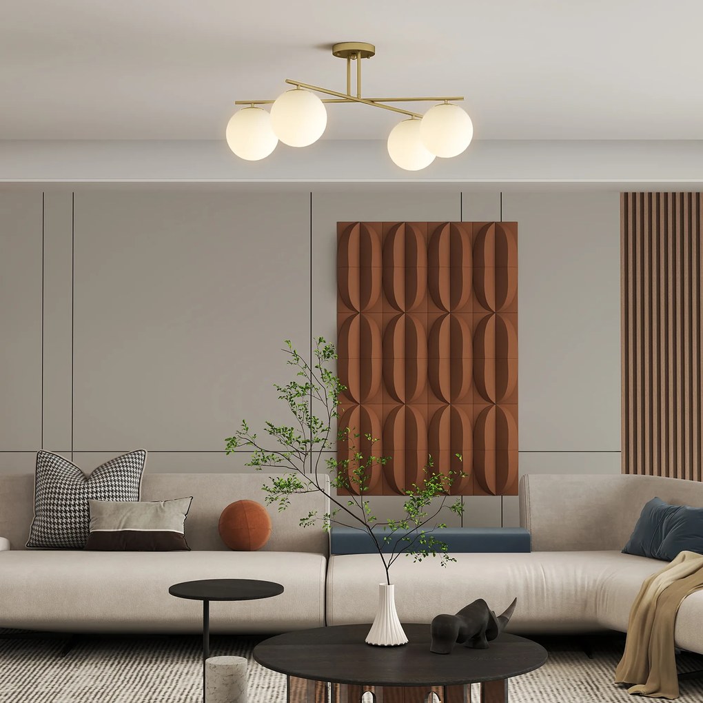 HOMCOM Plafonier candelabru modern cu 4 lumi cu soclu E14, montaj semi-aplatizat, aur si crem | Aosom Romania